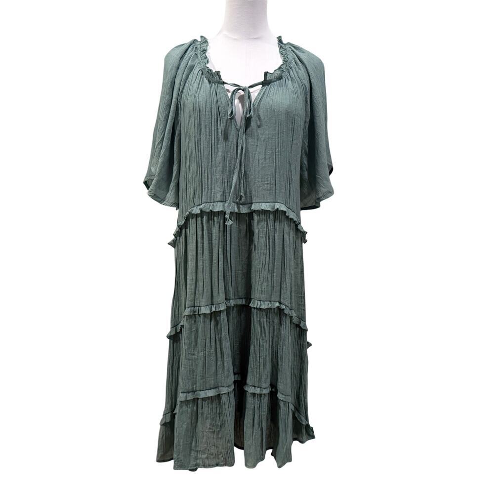 Sage Green Tiered Lagenlook Boho Ruffled Midi Dress XL Relaxed Cottagecore